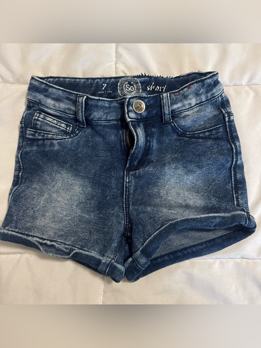 SO Women's Distressed Washed Blue Denim Shorts